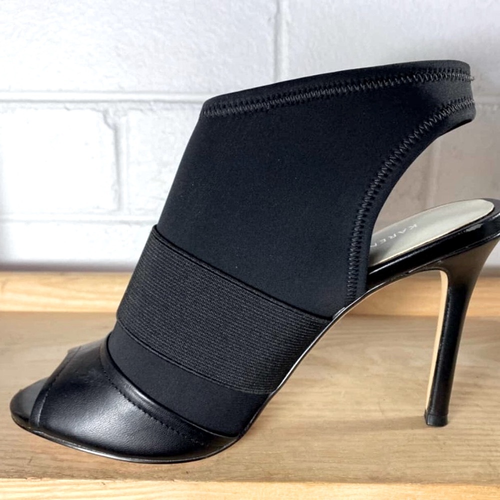 KAREN MILLEN Leather Black Open Toe Bootie Heels - Picture 6 of 6